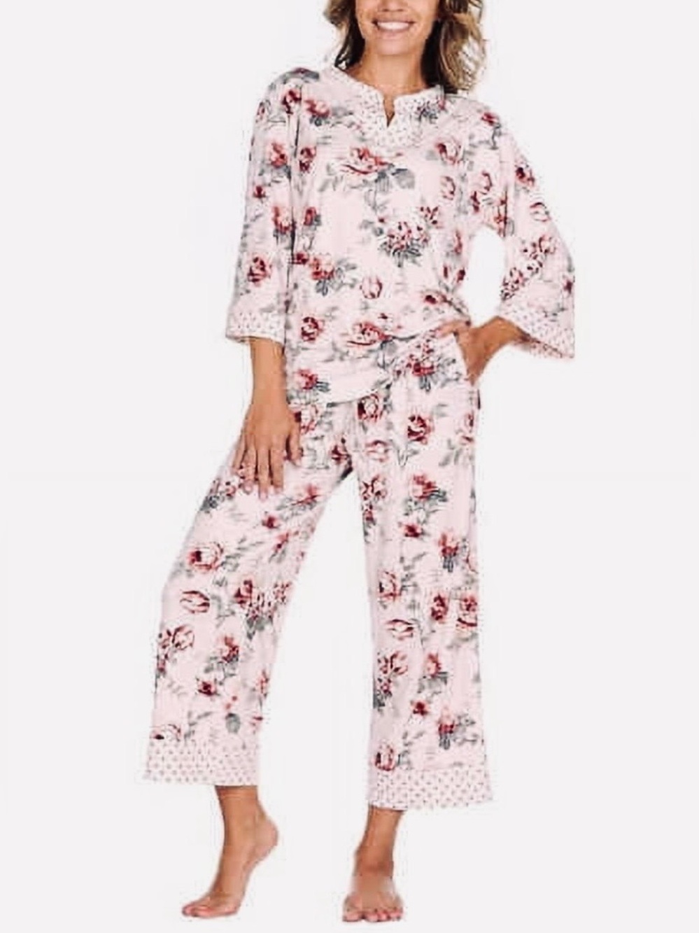 Flora Nikrooz Soft Floral Pink Women's Pajama Set with Pockets, Long Top & Pants